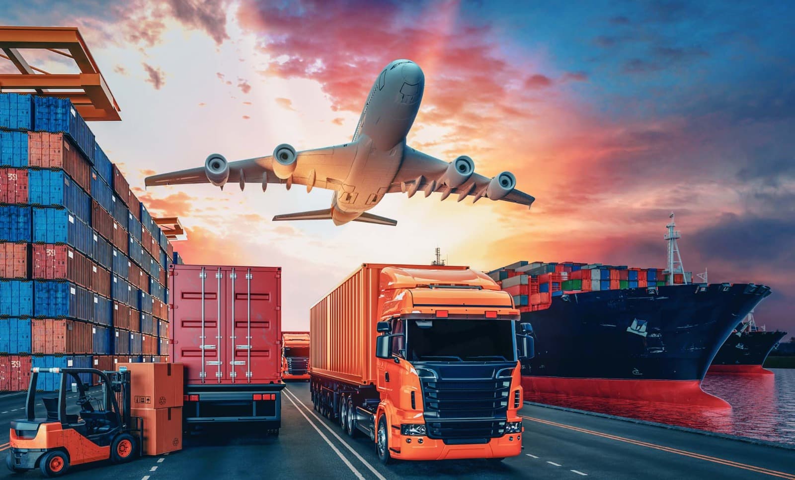 Containers, freight trucks and cargo aircraft at a logistics hub